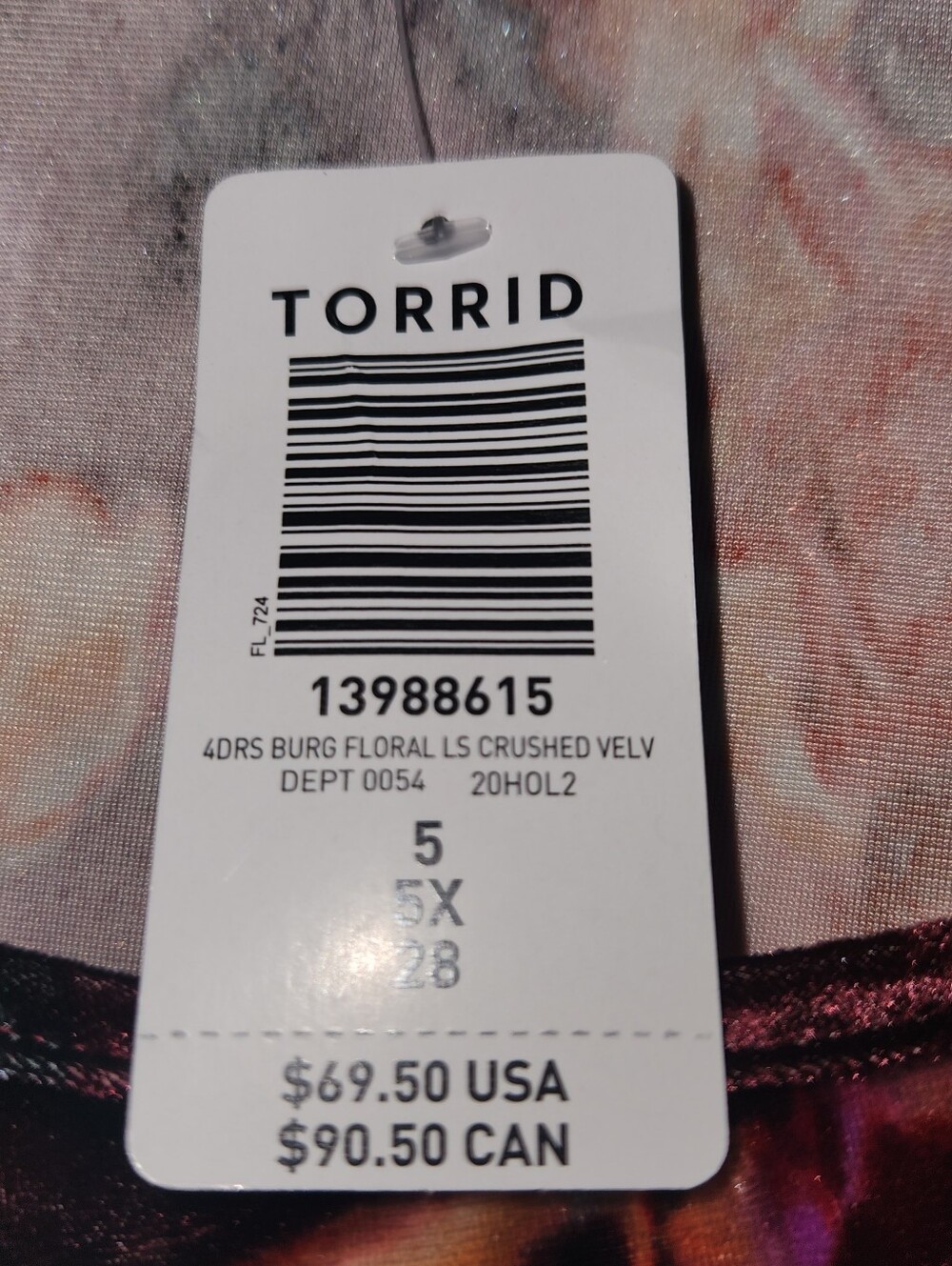Torrid Floral Tiered Plus-Size Dress Crushed Velvet  Burgandy Pink NWT 5X Plus - Picture 4 of 6